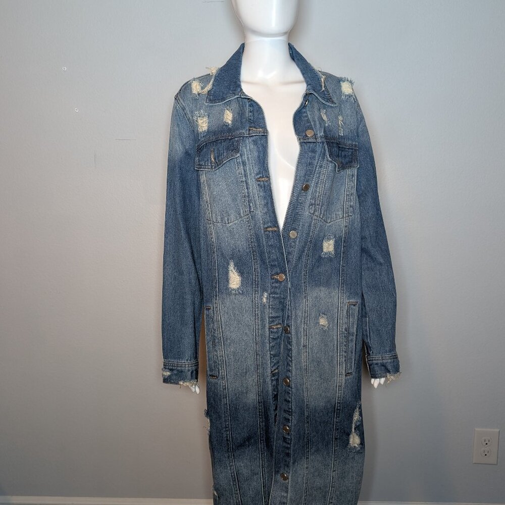 Fashion Nova Distressed Longline Denim Jacket – Size Medium